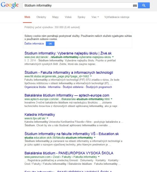 Obr. Výsledok vyhľadávania vo vyhľadávači Google pre štúdium informatiky