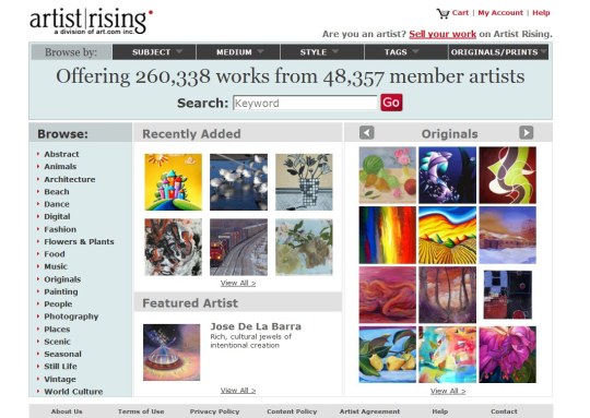Obr. Webové sídlo Artist Rising využíva fazetovú navigáciu