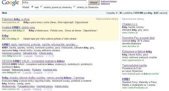 Obr. Na kľúčové slovo krby vo vyhľadávači Google je spoločnosť Caminus na treťom mieste z 1 070 000 záznamov
