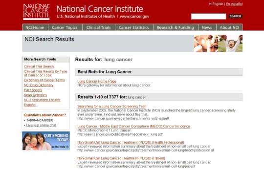 Obr. Na stránke National Cancer Institute sa využíva odporúčanie redaktorov na najlepšie časti webového sídla pre hľadané témy