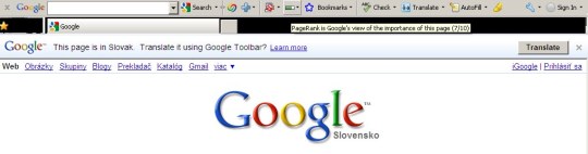 Obr. Stránka Google Slovensko má PageRank 7 z 10