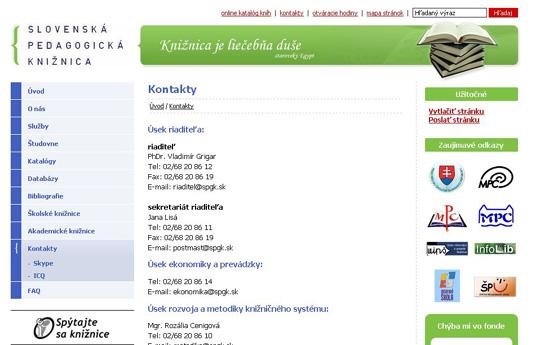 Obr. Kontaktné informácie na webovom sídle Slovenskej pedagogickej knižnice