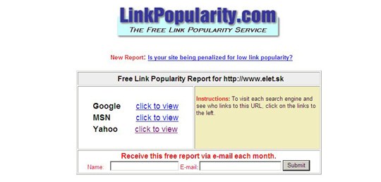 Obr. Nástroj LinkPopularity.com umožňuje pravidelne dostávať správu o spojeniach, ktoré vedú na Vaše webové sídlo.