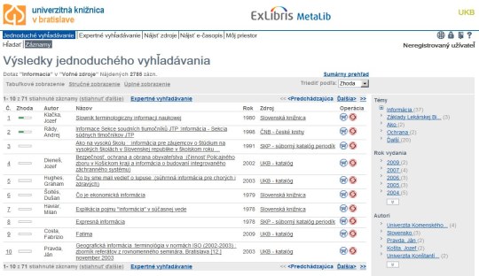 Obr. Využitie systému MetaLib na stránke Univerzitnej knižnice umožňuje vyhľadávať až v 38 zdrojoch