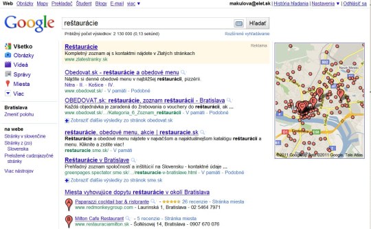 Obr. Google na základe osobného profilu automaticky ponúka reštaurácie v Bratislave