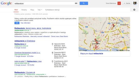 Obr. Google na základe osobného profilu automaticky ponúka reštaurácie v Bratislave