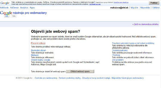 Obr. Google v nástrojoch pre webmastrov umožňuje nahlásenie rôznych druhov spamu