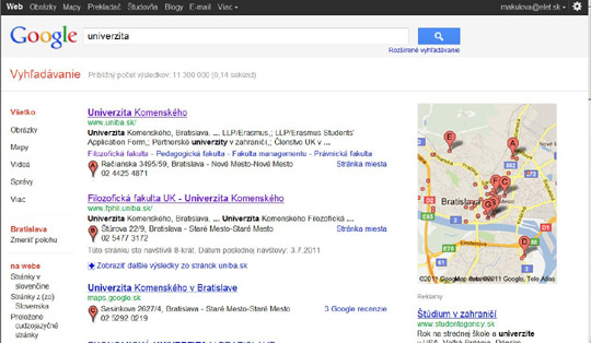 Obr. Google na základe osobného profilu v súbore cookie automaticky ponúka Univerzitu Komenského
