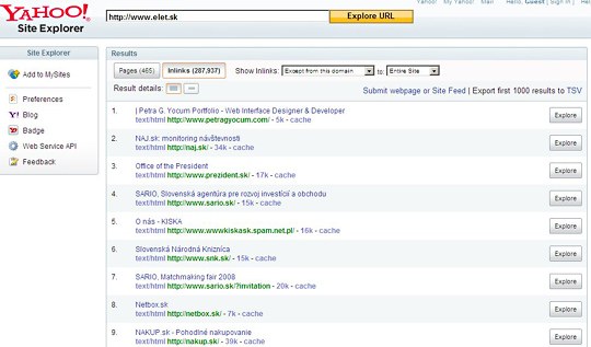 Obr. Stránky registrované v Yahoo odkazujúce na spoločnosť ELET.