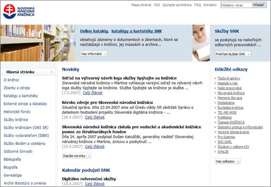 Obr. Webové sídlo SNK uprednostňujúce informačný dizajn pred dizajnom grafickým