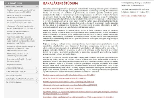 Obr. Komplexné informácie o prijímacom konaní na bakalárske štúdium na stránke FiF UK v Bratislave