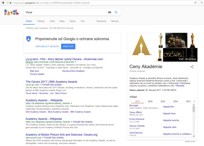 Obr. Výsledky vyhľadávania Google na príliš všeobecnú otázku Oscar