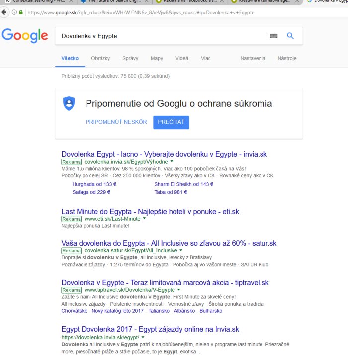 Obr. Vyhľadávač Google ponúka kontextovú reklamu, ktorá je odlíšená slovom Reklama od ostatných záznamov.