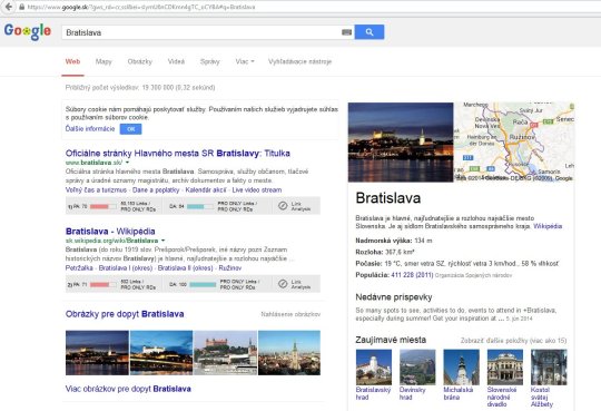 Obr. V prípade vyhľadávania Bratislavy sa záznam z wikipédie nachádzal na druhom mieste