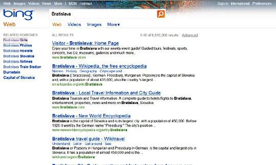 Obr. Štruktúrované výsledky na požiadavku Bratislava vo vyhľadávači Bing