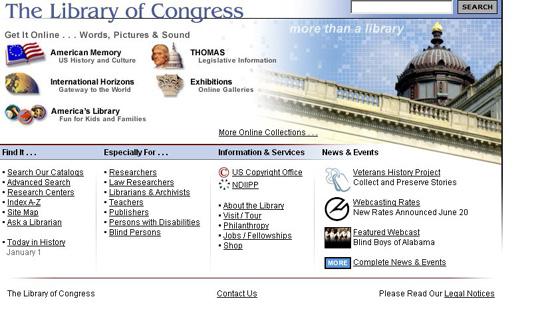 Obr. Webové sídlo Kongresovej knižnice v júli 2002, kde sa už uprednostňuje informačný dizajn  pred dizajnom grafickým (súkromný archív autorky)