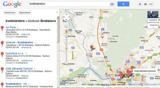 Obr. Na požiadavku kvetinárstvo sa nám zobrazia adresy firiem v blízkosti Bratislavy