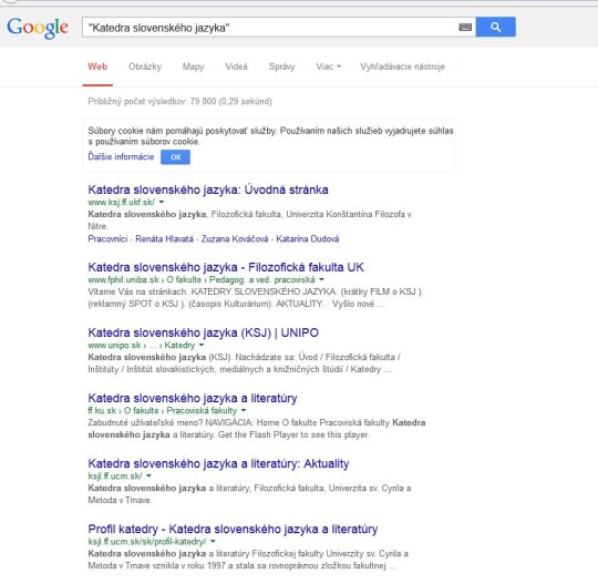 Obr. Výsledok vo vyhľadávači Google po zadaní frázy Katedra slovenského jazyka
