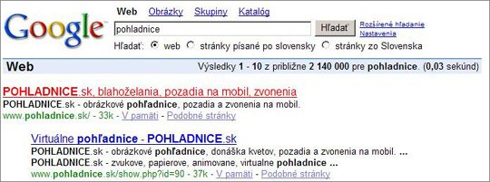 Obr. Webové sídlo POHLADNICE.sk je na prvom mieste vo vyhľadávači Google 