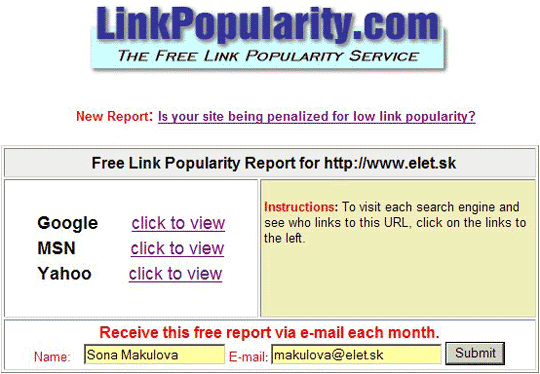 Obr. Správa o popularite webového sídla, ktorá je daná počtom odkazov smerujúcich na webové sídlo
