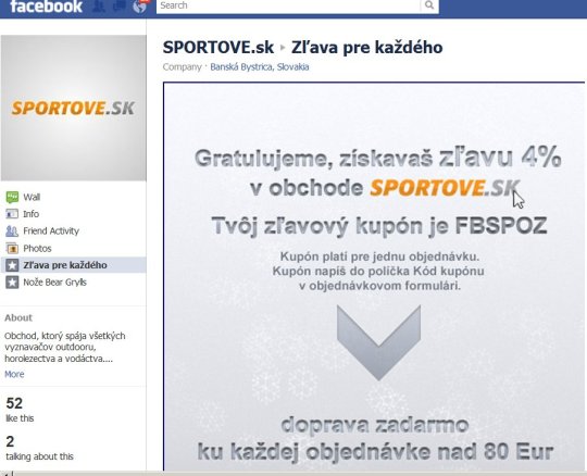 Obr. Obchod SPORTOVE.sk ponúka zľavu svojim fanúšikom na Facebooku